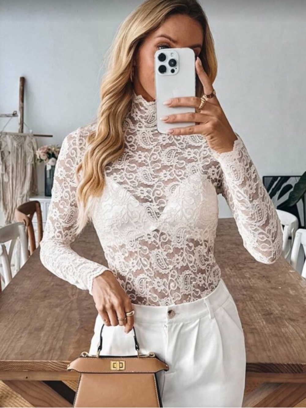 Women’s Lace Mock Neck Long Sleeve Top in Cream RESERVED
